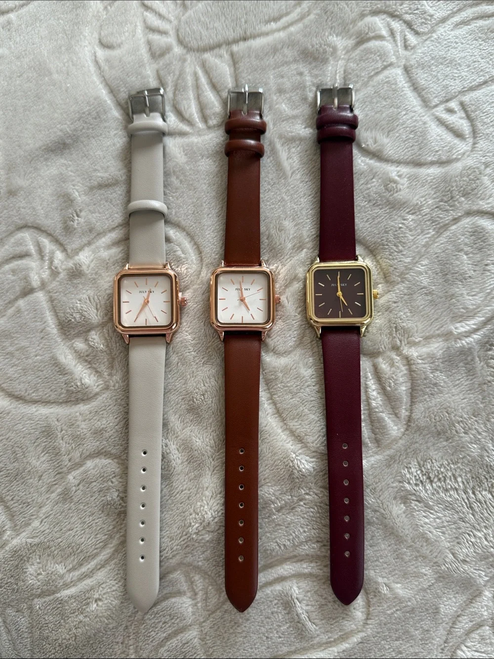 Minimal Square Dial Leather Strap Watch - White, Brown, Burgundy